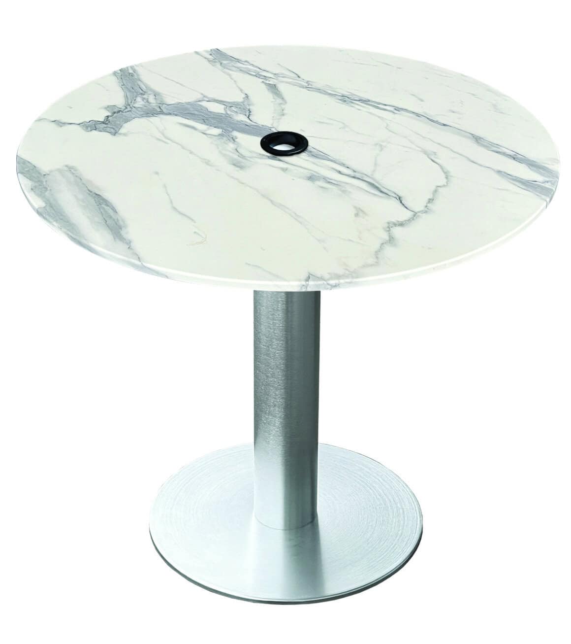 30-Inch-Tall-IndoorOutdoor-Table-with-32-Inch-Diameter-White-Marble-Round-Top-with-Umbrella-Hole-Brushed-Aluminum-Base-and-18-Inch-Diameter-Foot