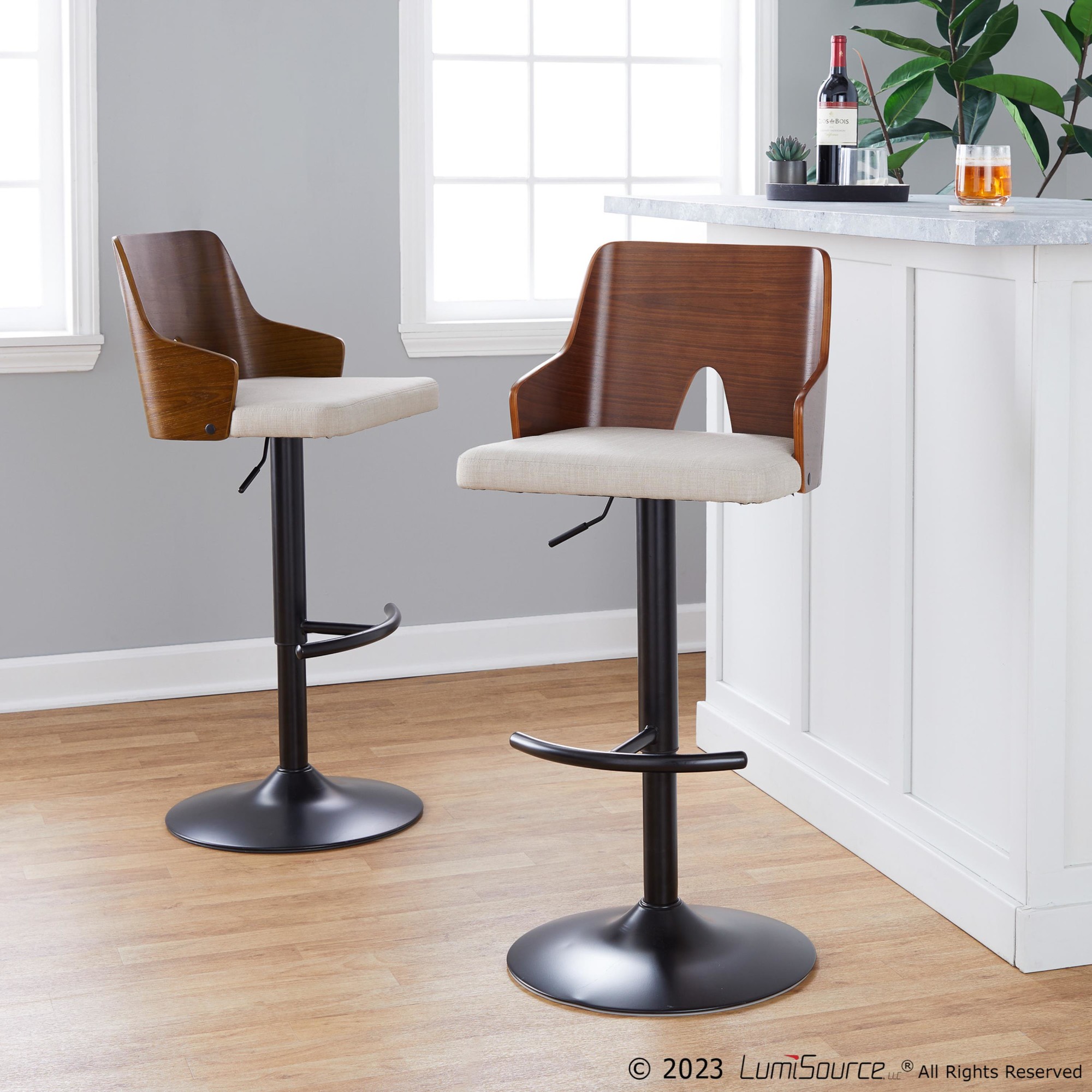 Ariana-Mid-Century-Modern-Adjustable-Swivel-Barstool-Black-Walnut-Beige-Set-of-2