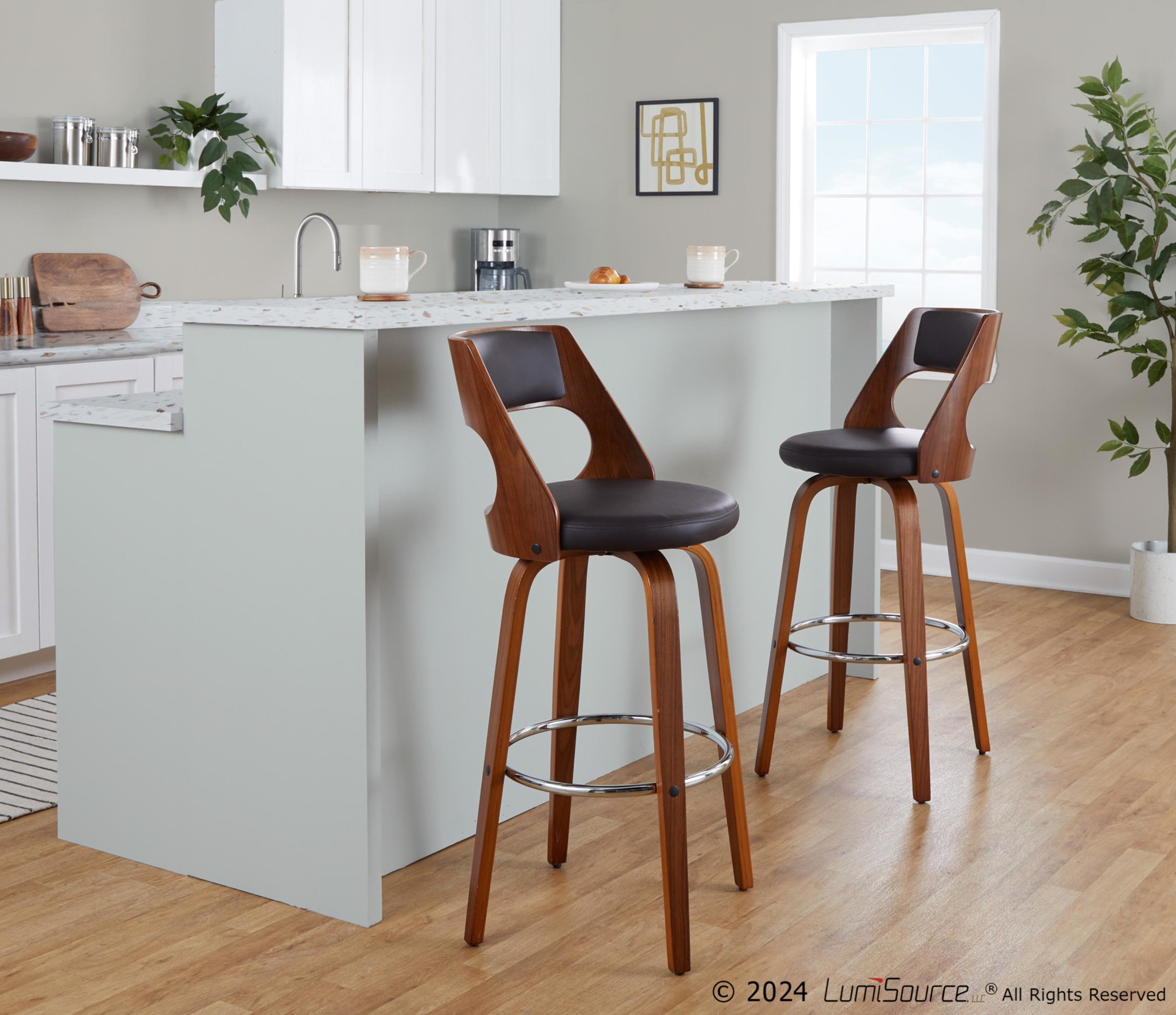 Cecina-Mid-Century-Modern-Brown-Swivel-Barstool-Walnut-Set-of-2