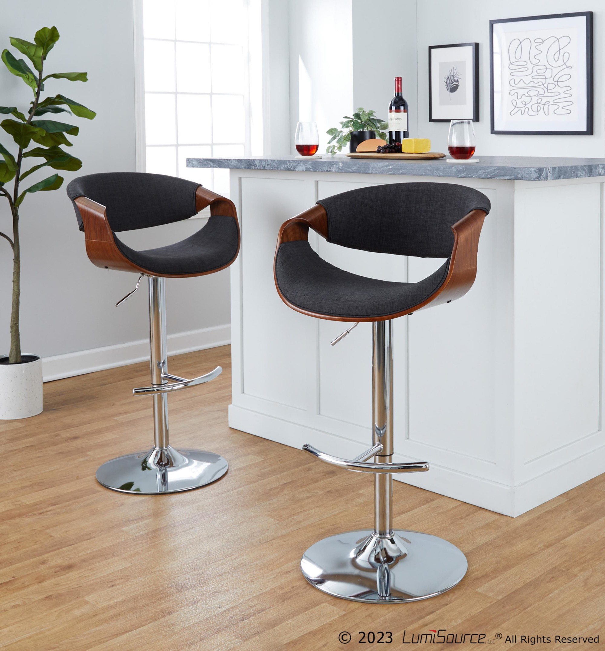 Curvo-Mid-Century-Modern-Swivel-Barstool-Chrome-Walnut-Charcoal-Set-of-2-3