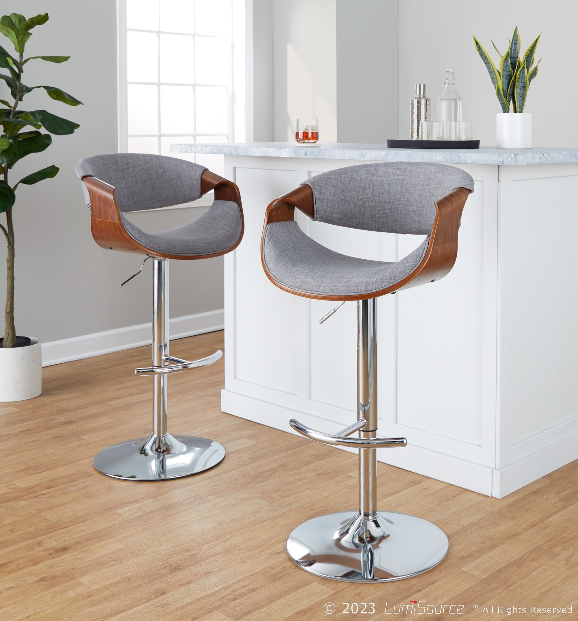 Curvo-Mid-Century-Modern-Swivel-Barstool-Chrome-Walnut-Light-Grey-Set-of-2-2