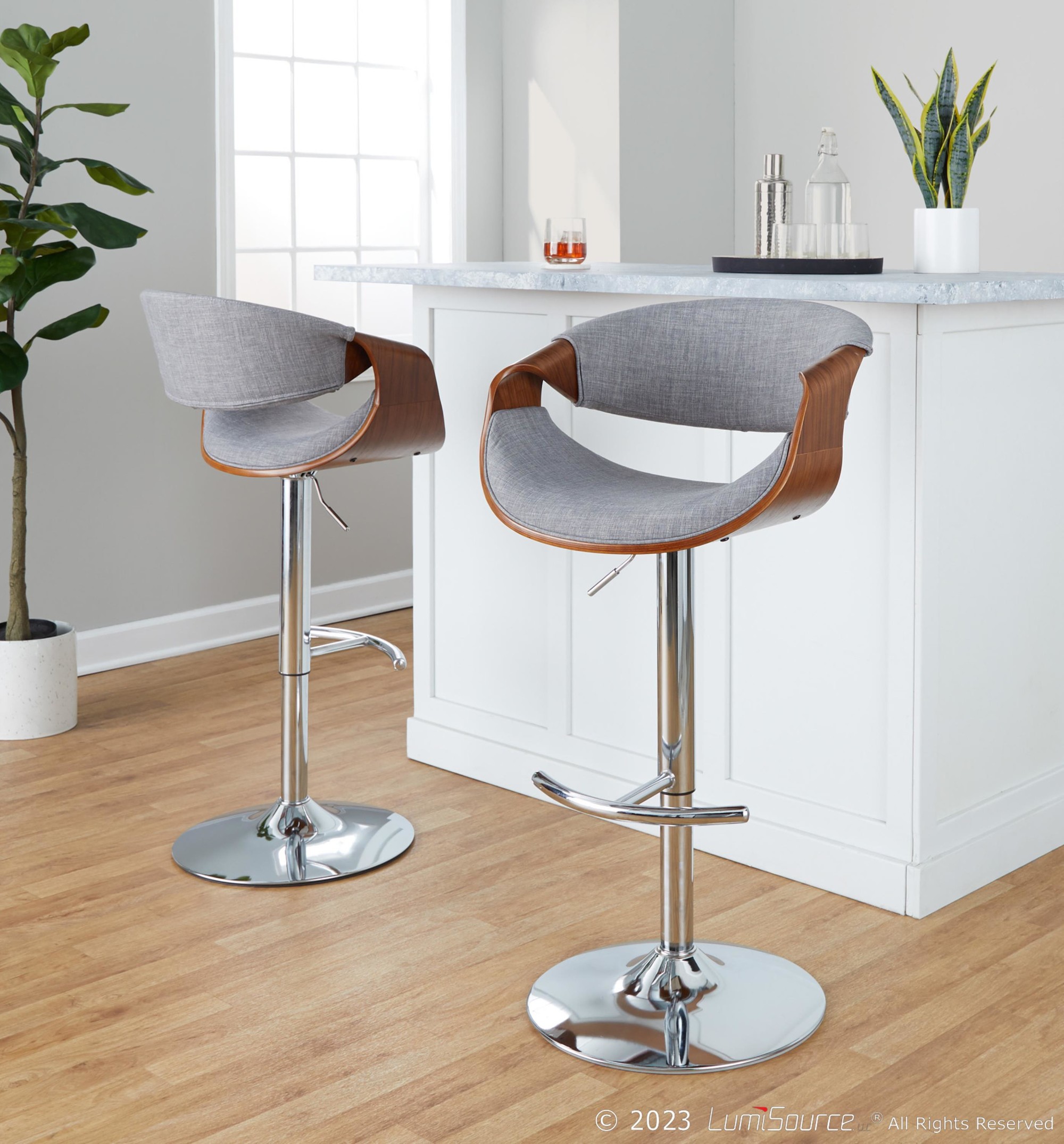 Curvo-Mid-Century-Modern-Swivel-Barstool-Chrome-Walnut-Light-Grey-Set-of-2-3