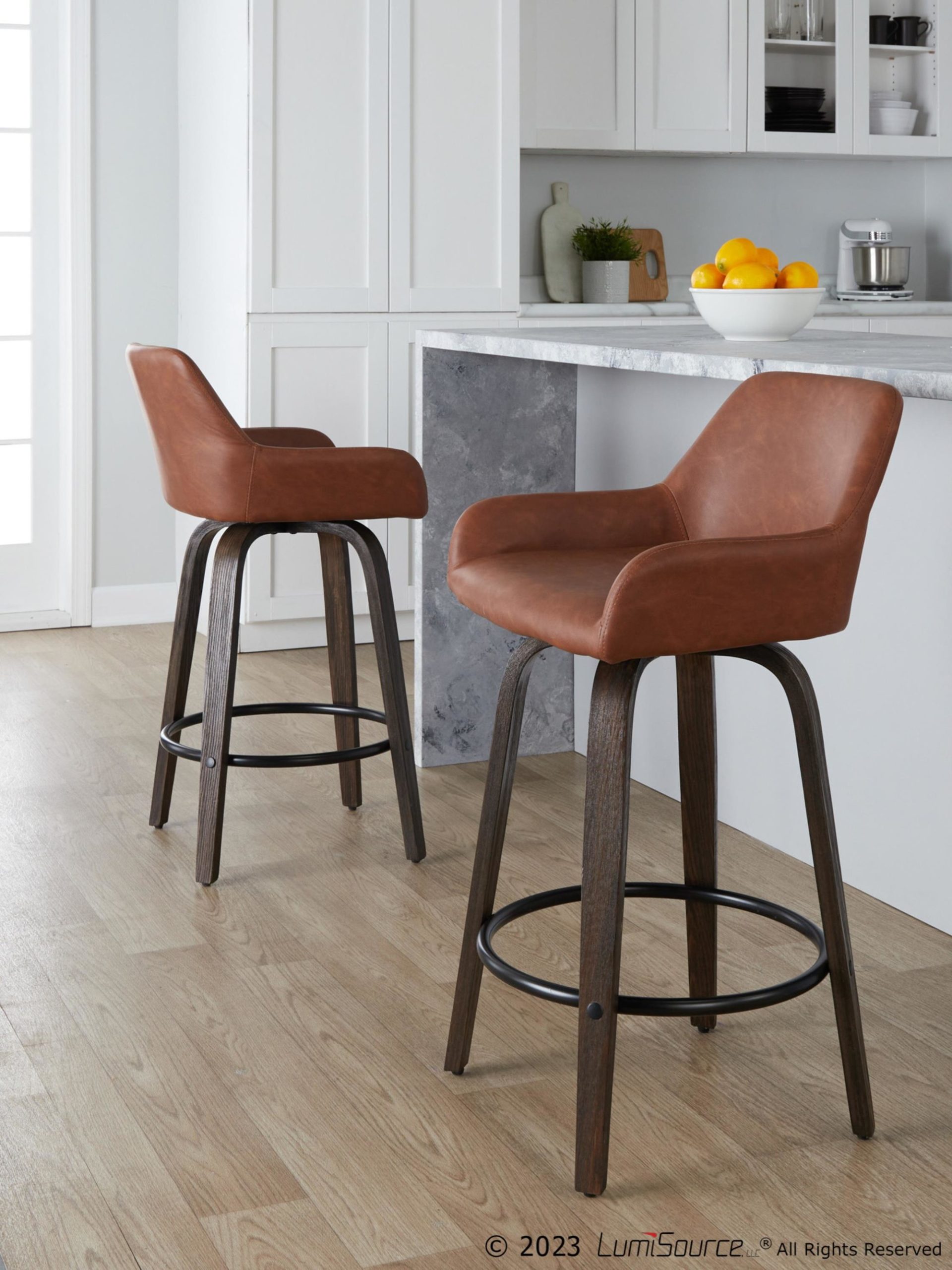 Daniella-26-Contemporary-Walnut-and-Camel-Swivel-Stools-w-Black-Metal-Footrest-Set-of-2