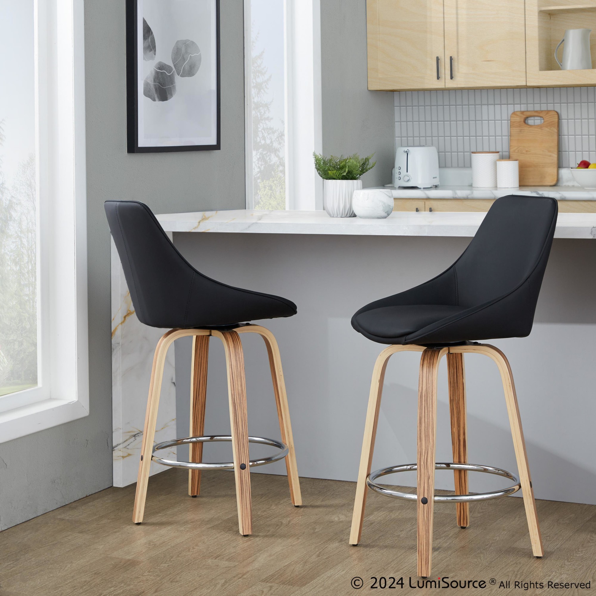 Diana-Zebra-Wood-Black-Faux-Leather-26-Swivel-Stools-Set-of-2