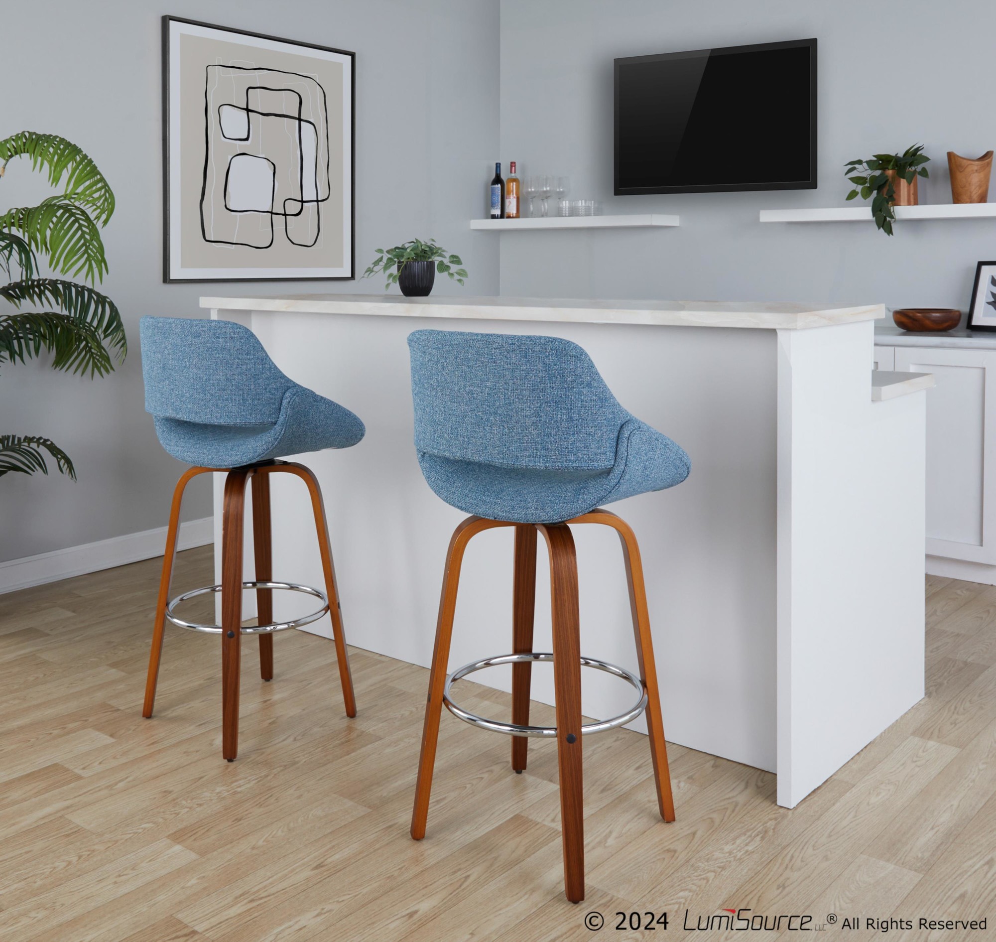 Fabrico-30-Inch-Mid-Century-Modern-Swivel-Barstool-in-Walnut-and-Blue-Fabric-with-Chrome-Footrest-Set-of-2-Set-of-2