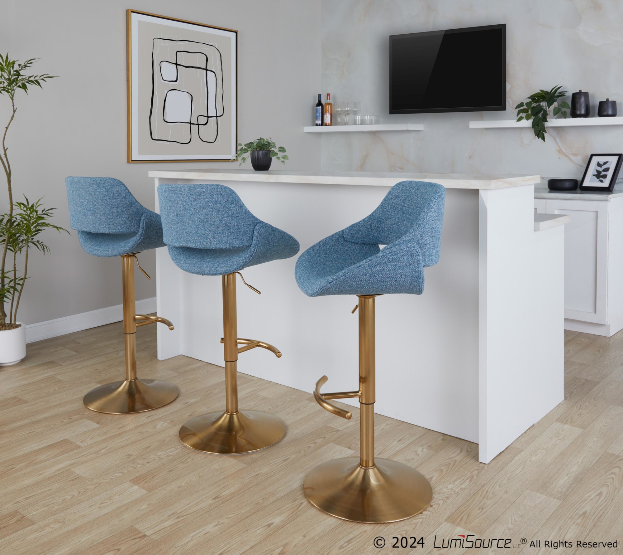 Fabrico-Blue-Contemporary-Adjustable-Swivel-Barstools-Gold-Base-Set-of-2