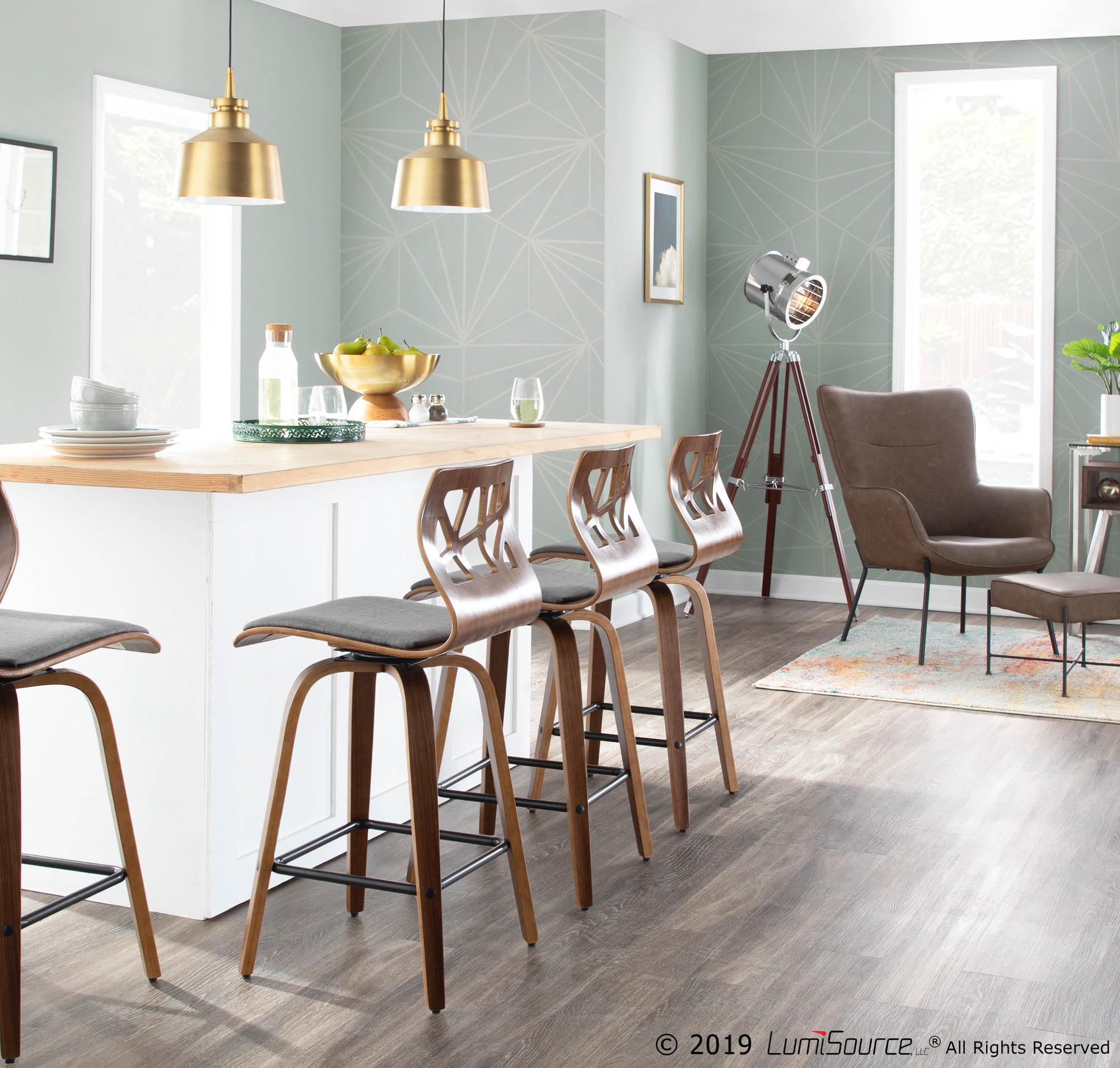 Folia-Mid-Century-Modern-Walnut-Wood-Light-Grey-Counter-Stools-Set-of-2