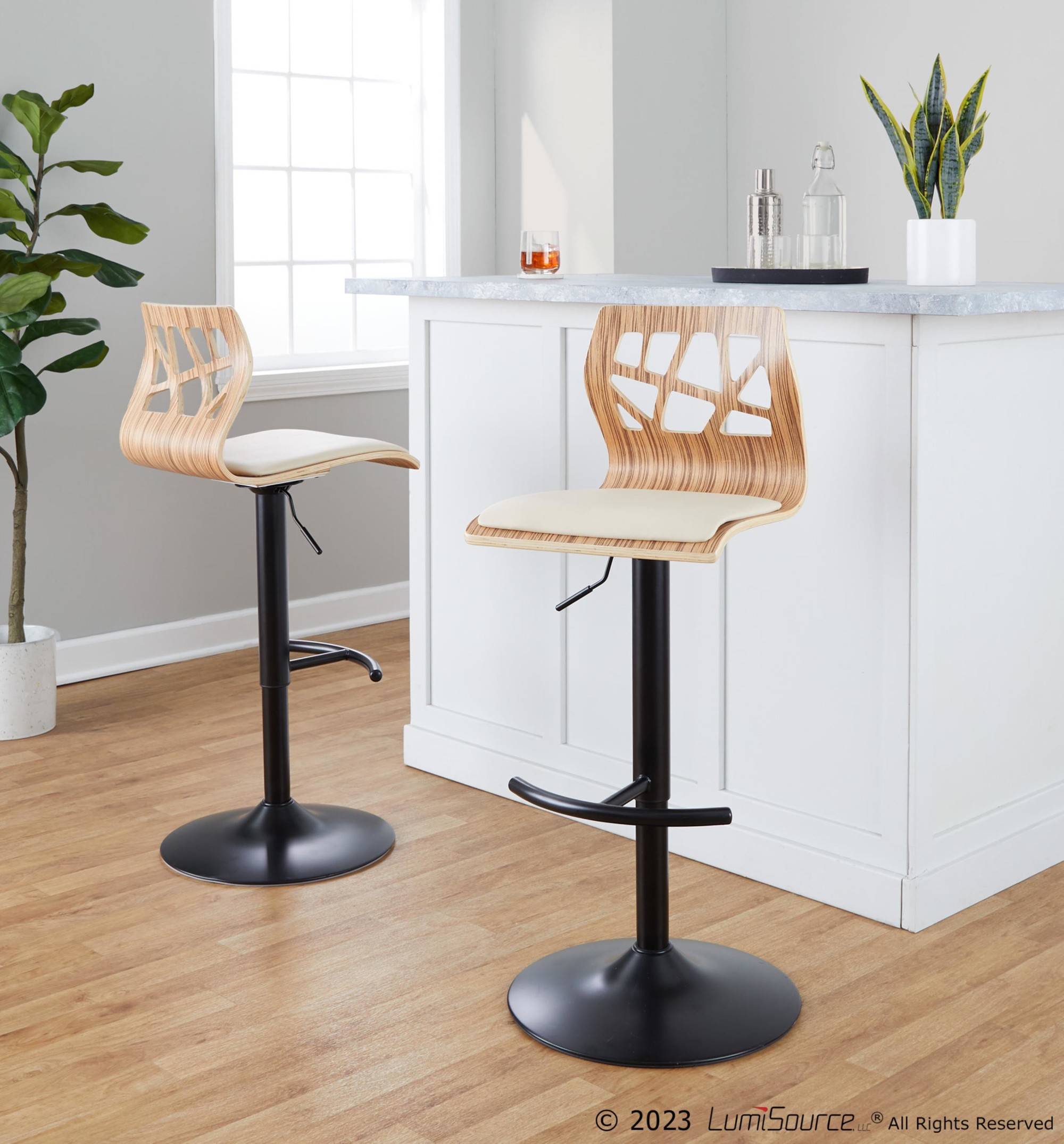 Folia-Mid-Century-Modern-Zebra-Wood-Barstool-Cream-Faux-Leather-Set-of-2