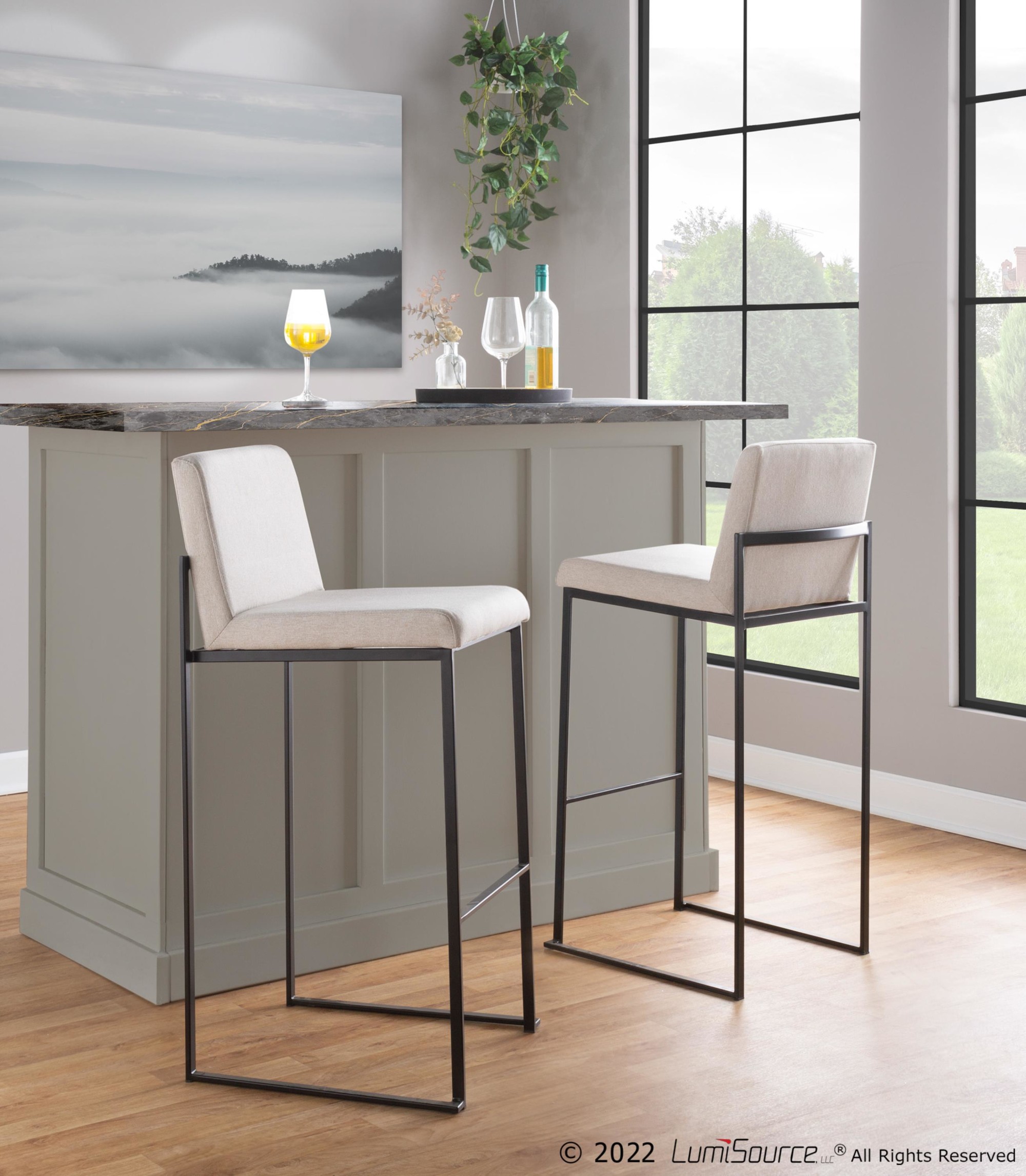 Fuji-Black-Steel-Beige-Fabric-Contemporary-High-Back-Barstool-Set-of-2