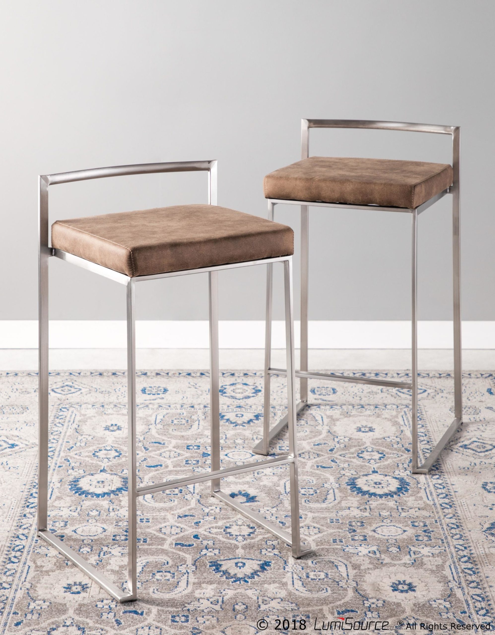 Fuji-Contemporary-Stainless-Steel-Brown-Cowboy-Fabric-Counter-Stools-Set-of-2