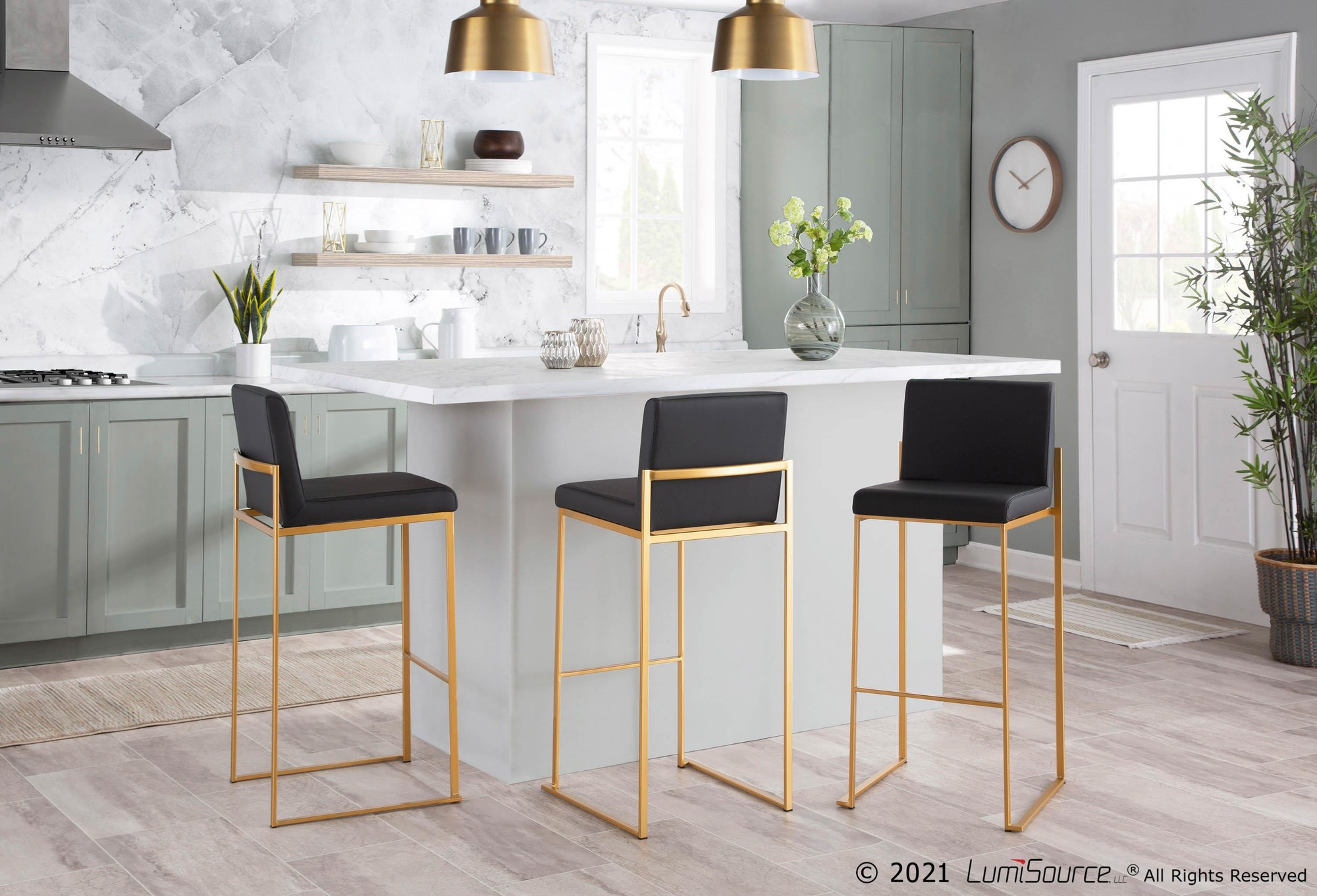 Fuji-Gold-Steel-Black-Faux-Leather-Contemporary-Barstools-Set-of-2