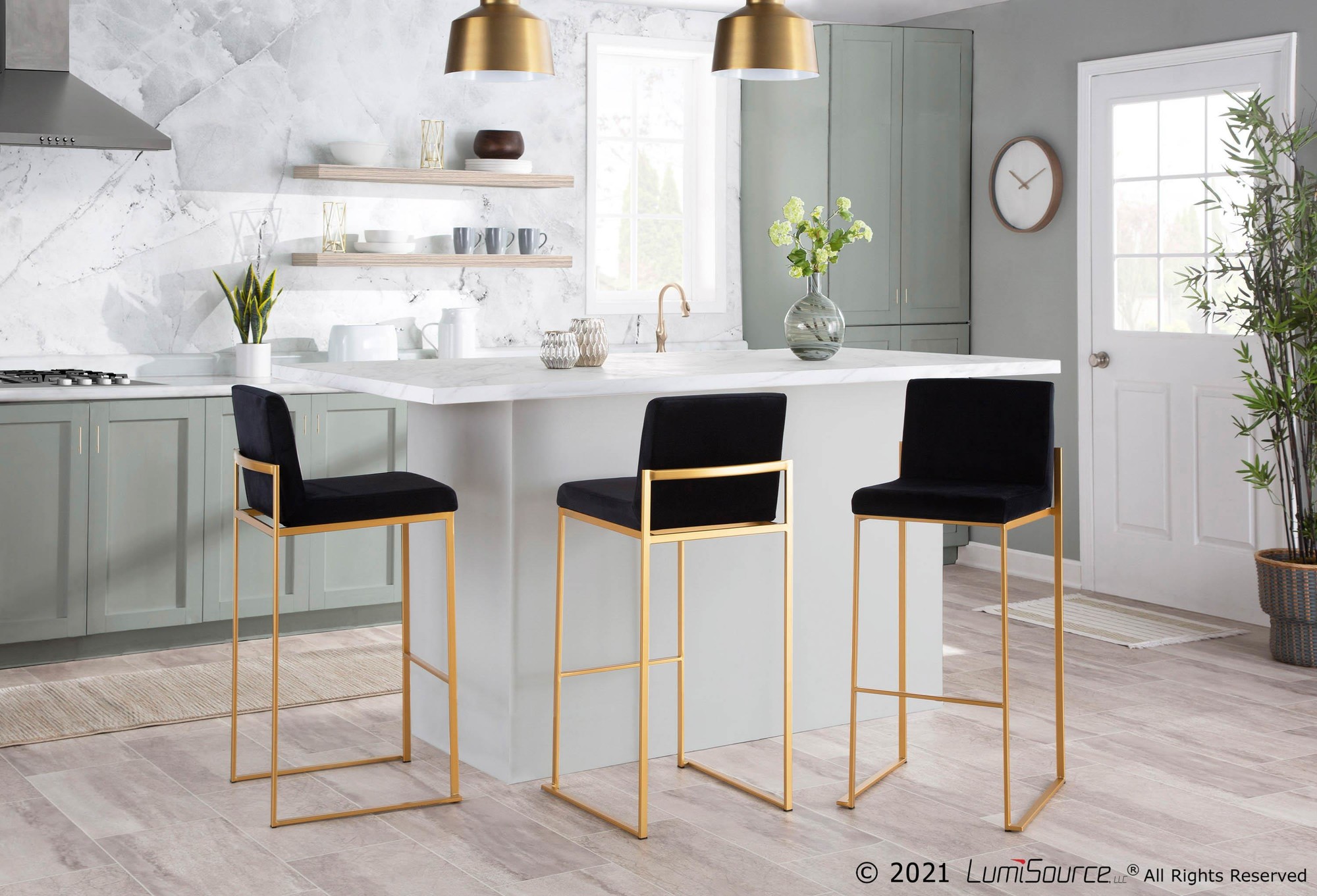 Fuji-Gold-and-Black-Velvet-Contemporary-High-Back-Barstool-Set-of-2