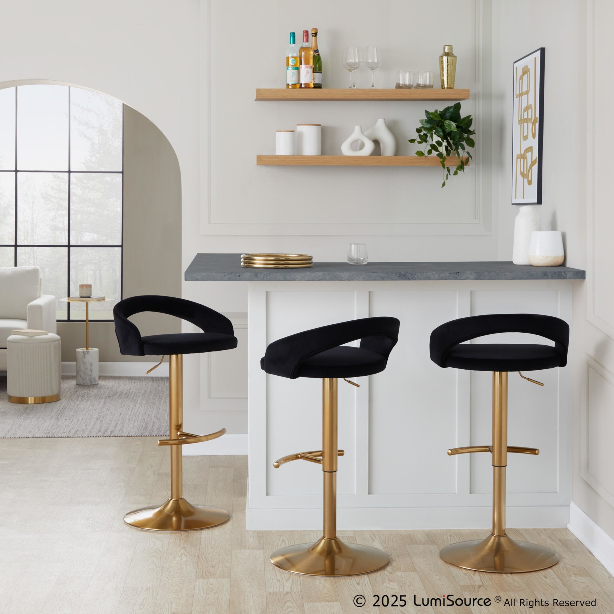 Grotto-Black-Velvet-Gold-Contemporary-Adjustable-Barstools-Set-of-2