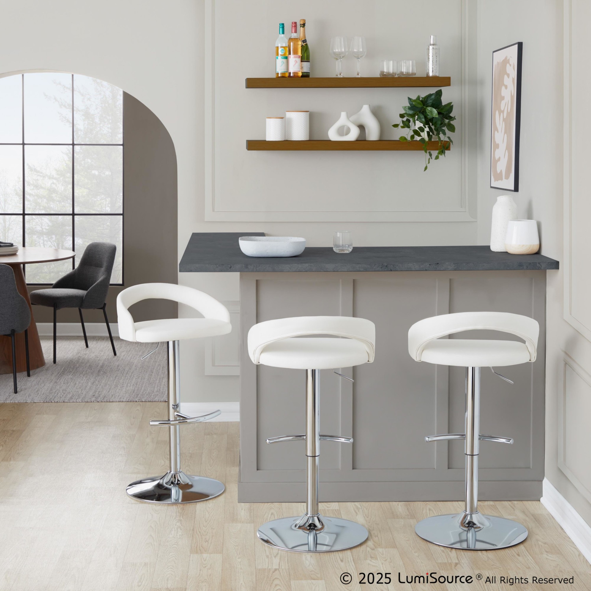 Grotto-Contemporary-Adjustable-Barstool-White-Faux-Leather-Chrome-Set-of-2-Set-of-2