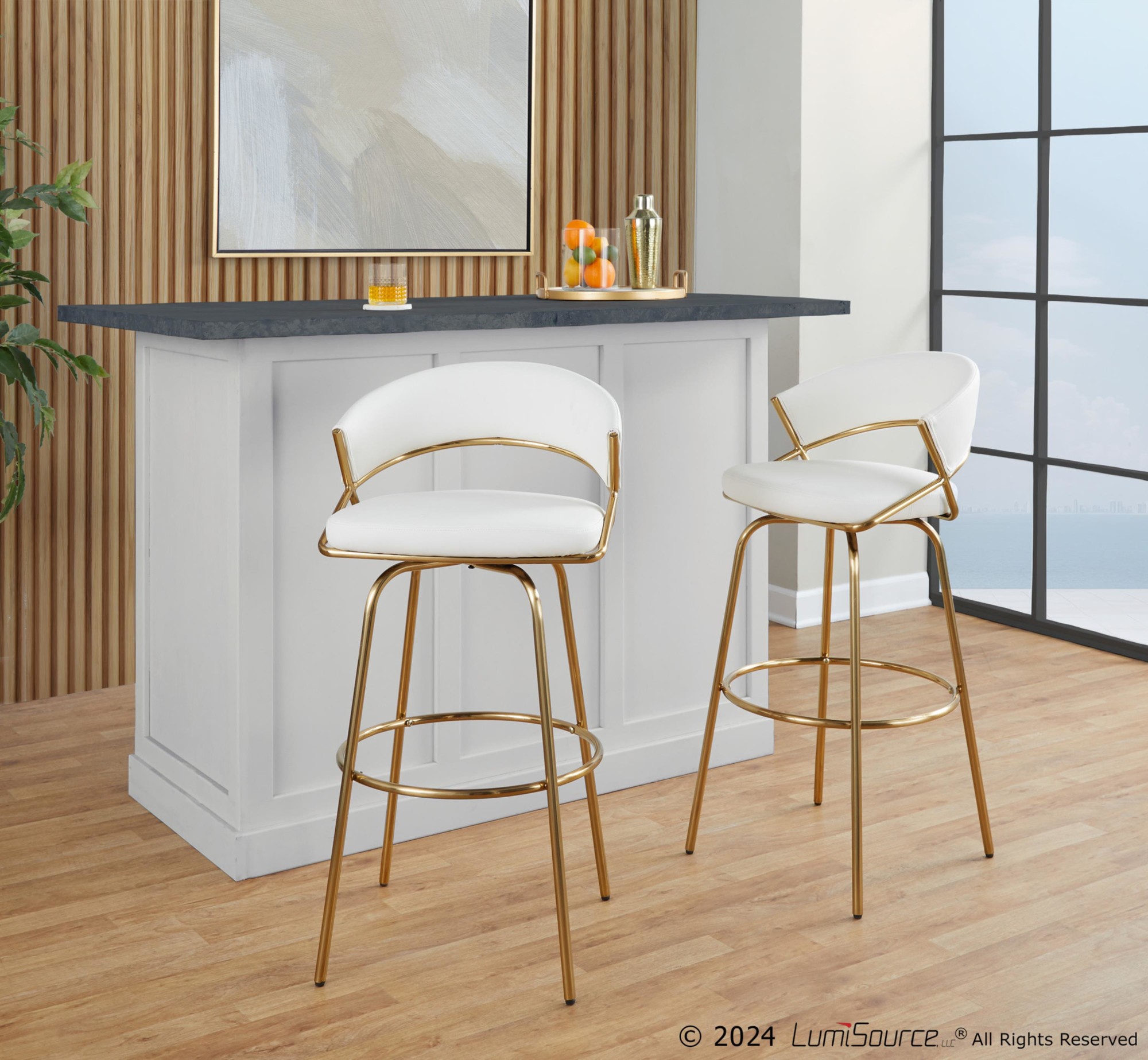 Jie-30-Inch-Gold-Contemporary-Swivel-Barstool-White-Faux-Leather-Set-of-2