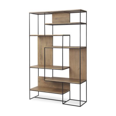 Morris-47.0L-x-15.0W-x-75.0H-Light-Brown-Wood-w-Black-Metal-Frame-6-Tier-Shelving-Unit