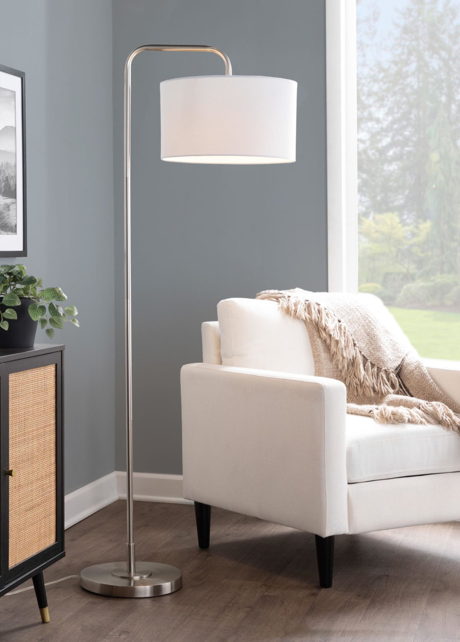 Puck-Contemporary-Brushed-Nickel-Arched-Floor-Lamp-with-Linen-Shade