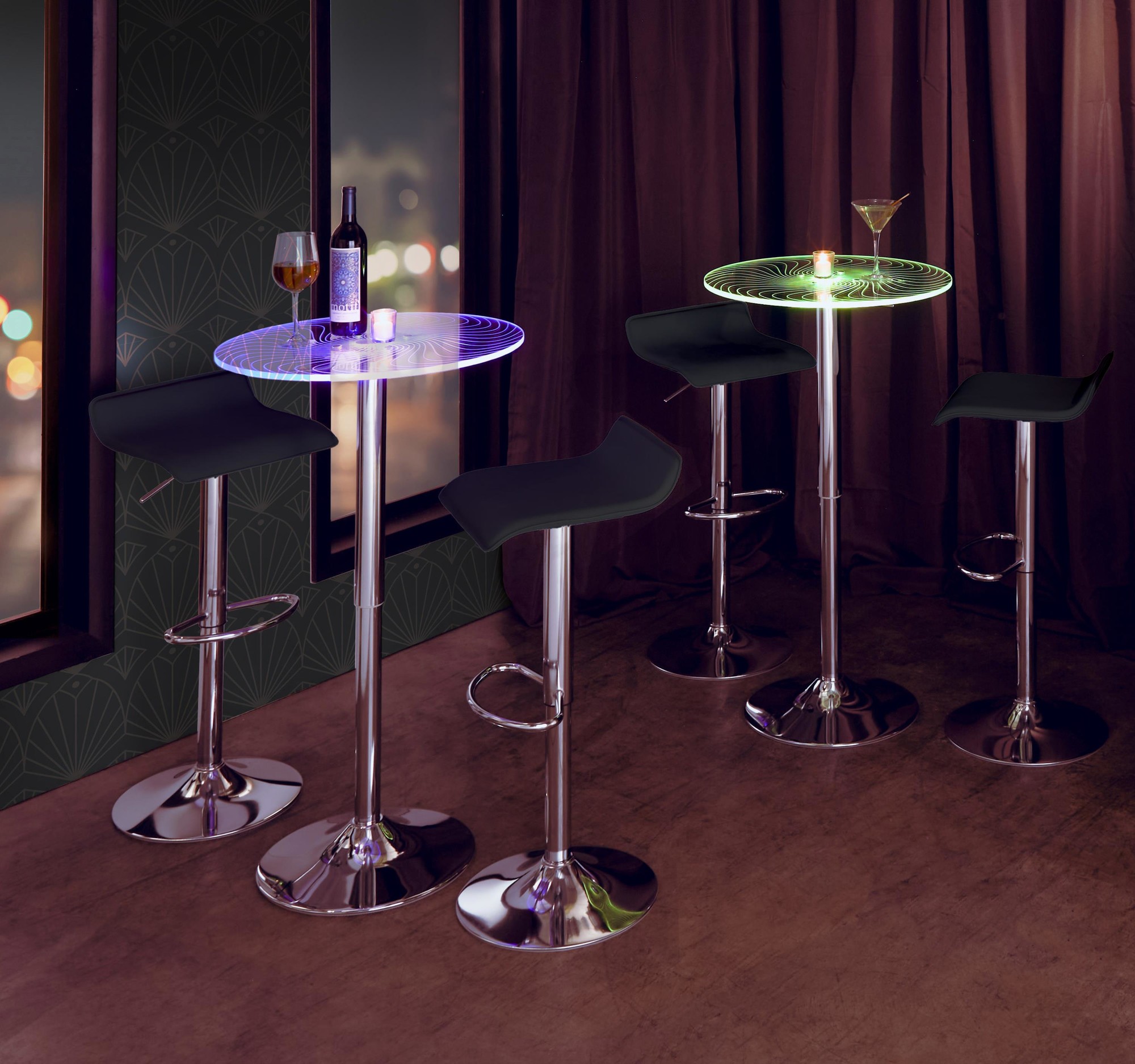 Spyra-Ale-Contemporary-Adjustable-Chrome-Bar-Set-with-Light-Up-Acrylic-Tabletop-and-Black-PVC-3-Piece