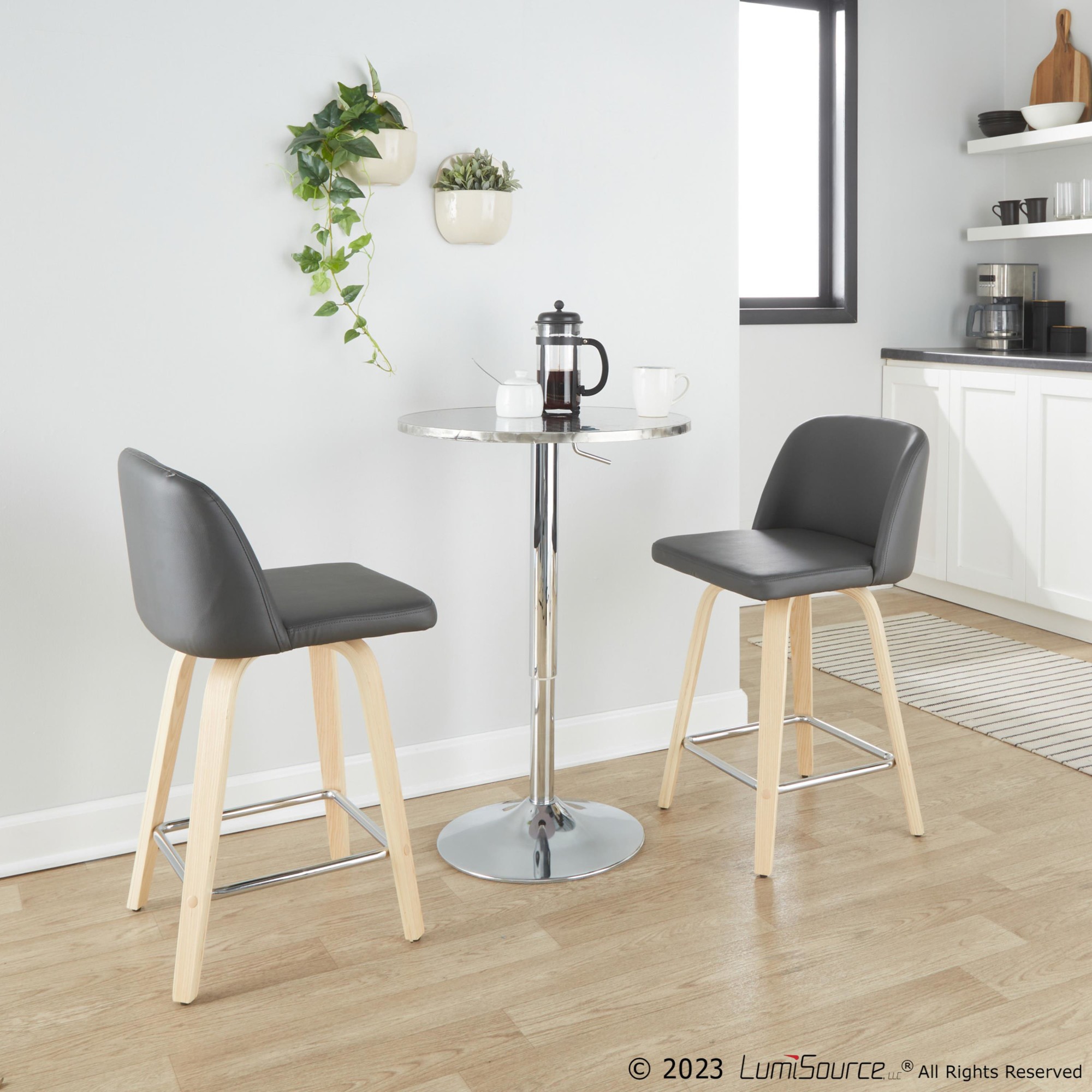 Toriano-24-Inch-Contemporary-Swivel-Counter-Stools-in-Natural-Wood-and-Grey-Faux-Leather-with-Chrome-Footrest-Set-of-2-Set-of-2