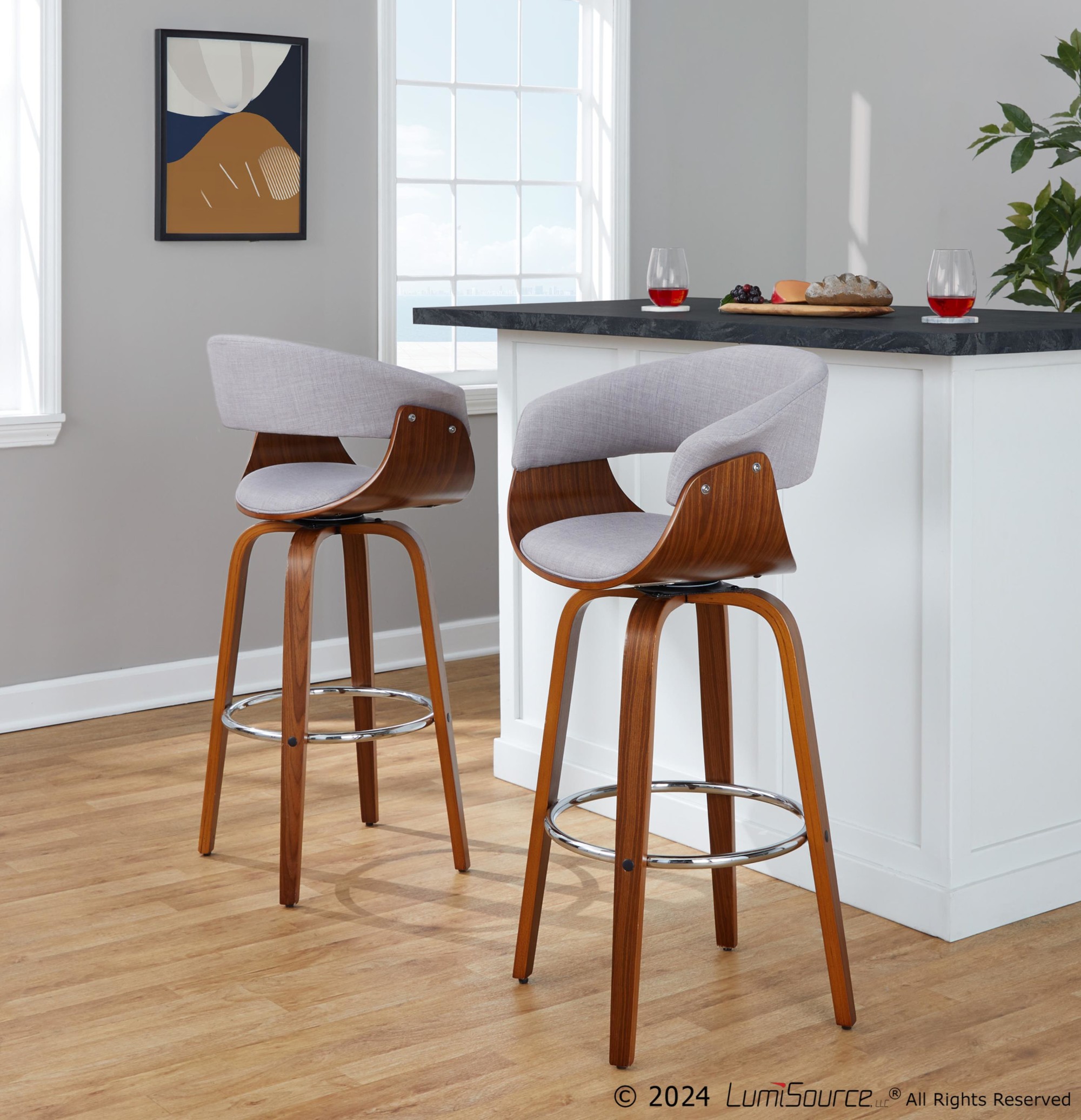 Vintage-Mod-30-Mid-Century-Modern-Swivel-Barstool-WalnutStone-Set-of-2