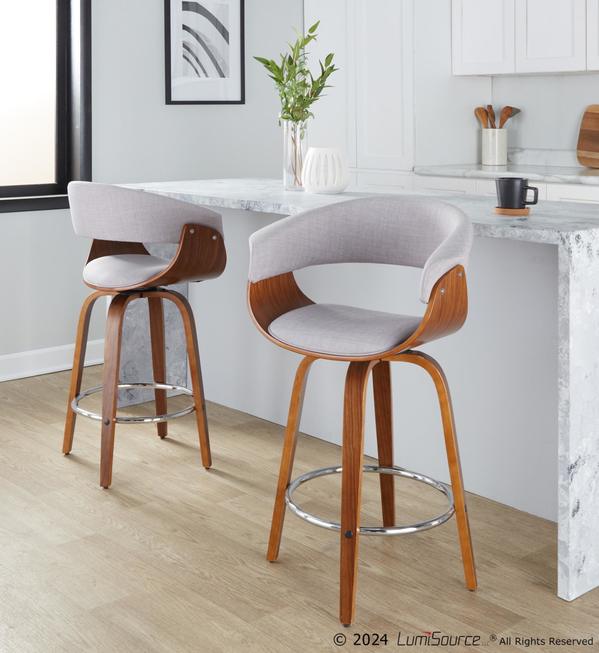 Vintage-Mod-Walnut-Wood-Stone-Fabric-Counter-Stools-Set-of-2